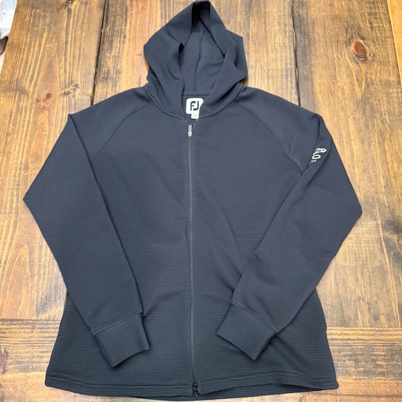 FootJoy Tops - FootJoy Womens Black Ribbed Full Zip Golf Hoodie‎ Jacket Medium FJ 1964 Logo